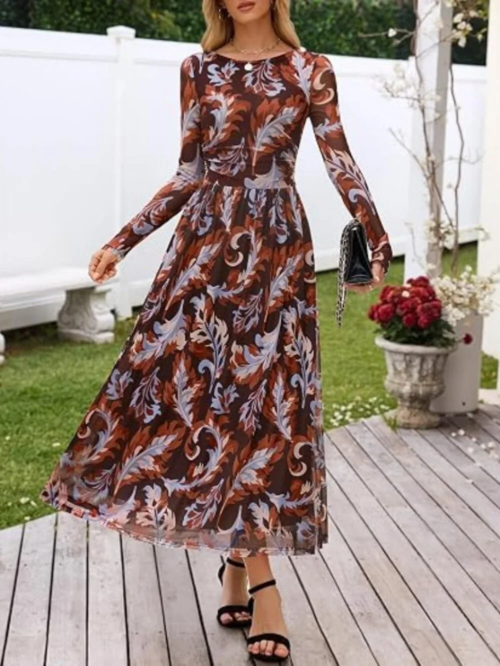 Women's Fall Wedding Guest Cocktail Long Sleeve Floral Maxi Dress
